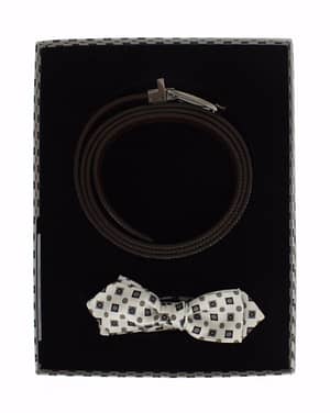 Dolce & Gabbana White Silk Bowtie Leather Men Belt Gift Box