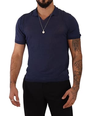 Daniele Alessandrini Navy Blue Linen Collared T-shirt