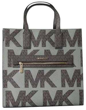 Michael Kors Kenly Large Leather Graphic Logo NS Tote Handbag (Army Green Multi/Brown)