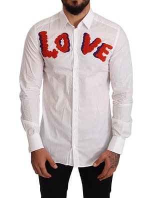 Dolce & Gabbana White Love Patch Cotton Formal Shirt