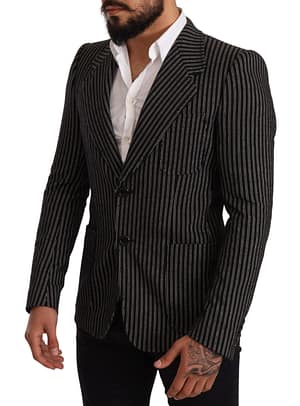 Black Striped Slim Fit Wool Coat Blazer