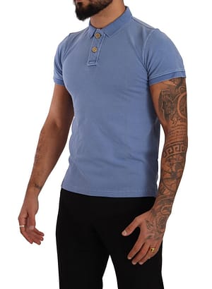 Blue Cotton Collared Short Sleeves Casual Polos T-shirt