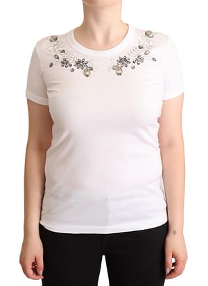 Dolce & Gabbana White Cotton Crewneck Crystal Embellish T-Shirt