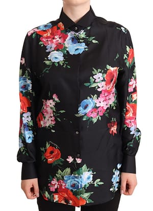 Dolce & Gabbana Black Floral Print Collared Polo Blouse Top