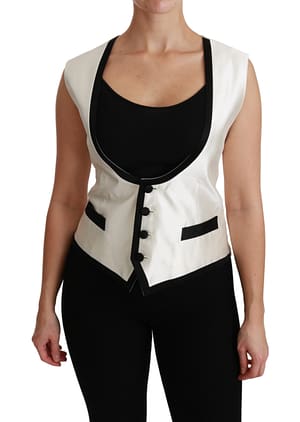 Dolce & Gabbana White Waistcoat Slim Vest Silk Top