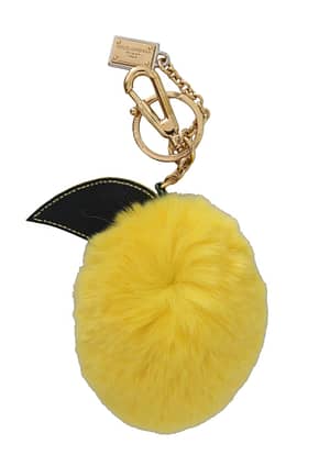 Dolce & Gabbana Yellow Leather Fur Gold Clasp Keyring Women Keychain