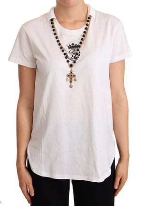 Dolce & Gabbana White Cotton Gold Cross Necklace T-shirt