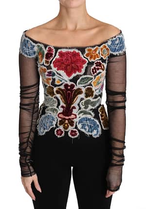 Dolce & Gabbana Black Floral Ricamo Top T-shirt Blouse