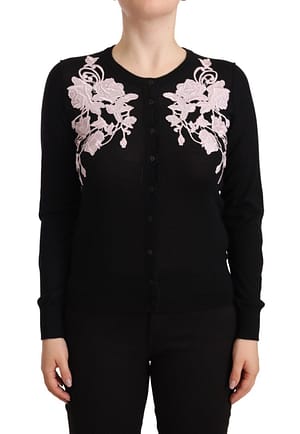 Dolce & Gabbana Black Cardigan Crewneck Pink Roses Sweater