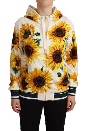 Dolce & Gabbana White Daisy Sunflower Hooded Zipper Cotton Sweater