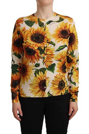 Dolce & Gabbana White Daisy Sunflower Silk Cashmere Cardigan Sweater