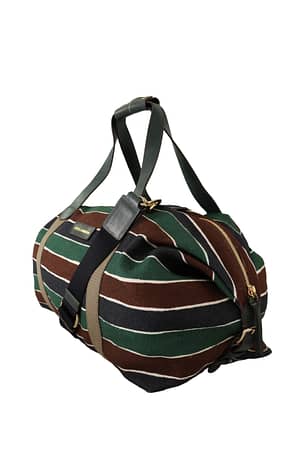 Brown Green Striped Linen Leather Gym Travel Shoulder Bag