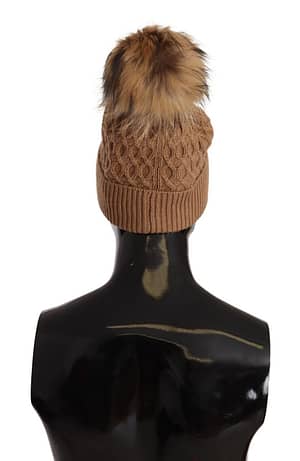 Dark Brown Camel Knitted Fur Winter Beanie One Size Hat