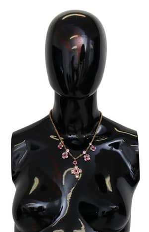 Dolce & Gabbana Pink Crystals Gold Chain Cross Floral Charm Necklace