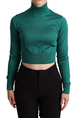 Dolce & Gabbana Green Silk Turtle Neck Crop Pullover Sweater