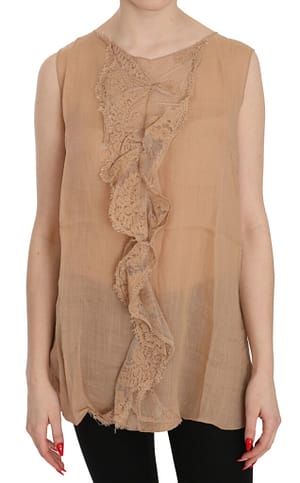 PINK MEMORIES Brown Lace Sleeveless Casual Tank Top Blouse