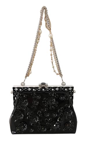 Dolce & Gabbana Black Patent VANDA Leather Floral Crystal Purse