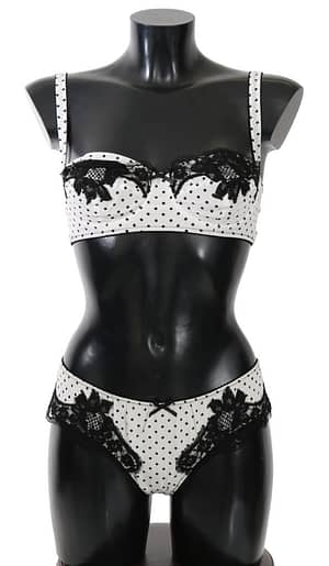 Dolce & Gabbana White Black Dot Silk Lace Stretch Set Underwear