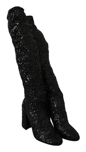 Dolce & Gabbana Black Sequined Stretch Knee High Boots Shoes