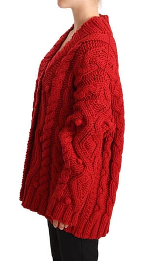 Red V-neck Wool Knit Button Cardigan Sweater