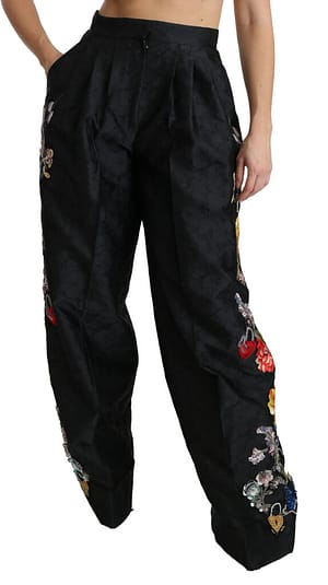 Black Brocade Floral Sequined Beaded Pants