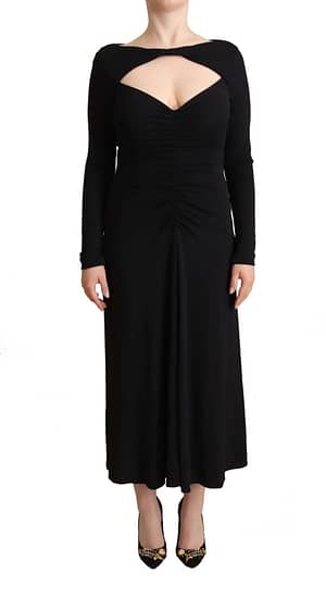 PINKO Black Nylon Stretch Long Sleeves Deep V-neck Maxi Dress