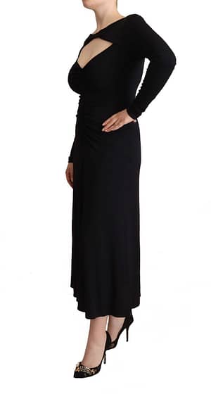Black Nylon Stretch Long Sleeves Deep V-neck Maxi Dress