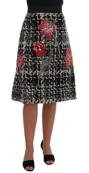 Dolce & Gabbana Black White Wool Sequined Roses Skirt