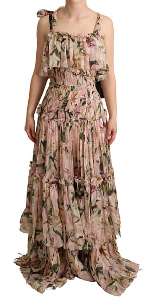 Dolce & Gabbana Pink Floral Print Silk Chiffon Tiered Dress