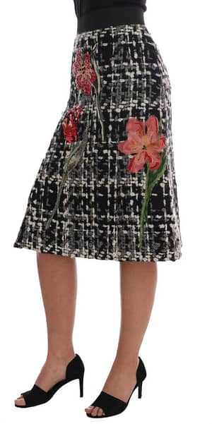 Black White Wool Sequined Roses Skirt
