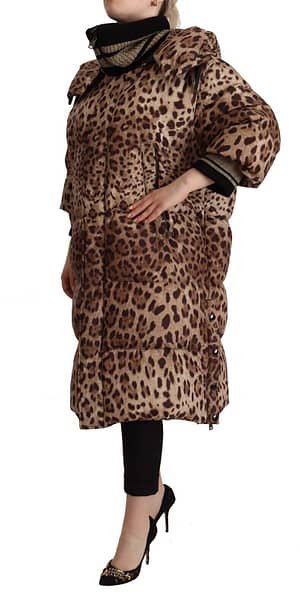 Brown Long Leopard Print Quilted Down Jacket