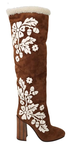 Dolce & Gabbana Brown Suede Floral Knee High Boots Shoes
