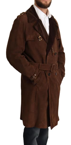 Brown Leather Long Trench Coat Men Jacket