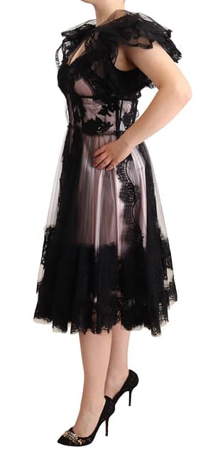Black Pink Floral Lace A-line Midi Sheer Dress