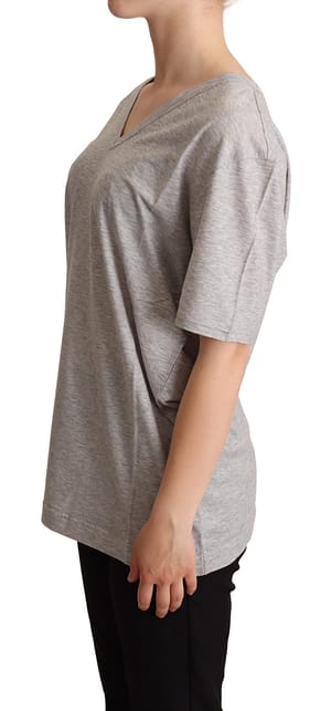 Gray Solid 100% Cotton V-neck Top T-shirt
