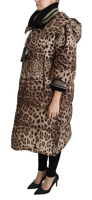 Brown leopard down hooded coat jacket
