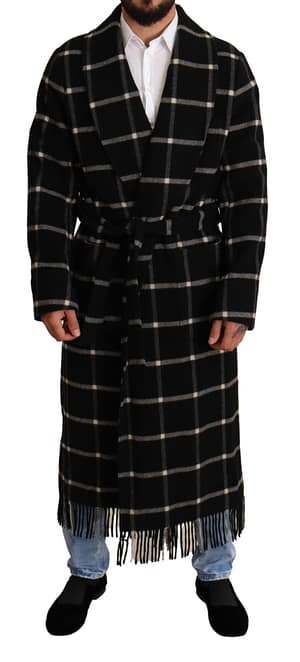 Dolce & Gabbana Black Plaid Wool Long Coat Robe Jacket
