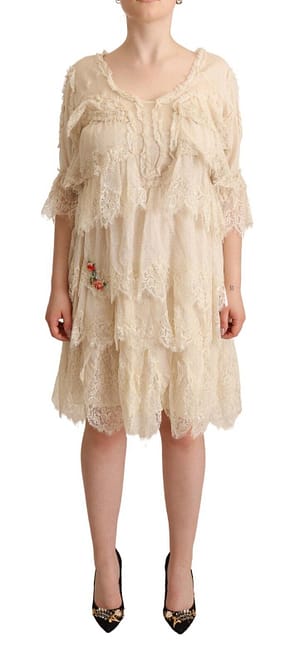 Twinset Beige 3/4 Sleeves Layered Lace Knee Length Dress