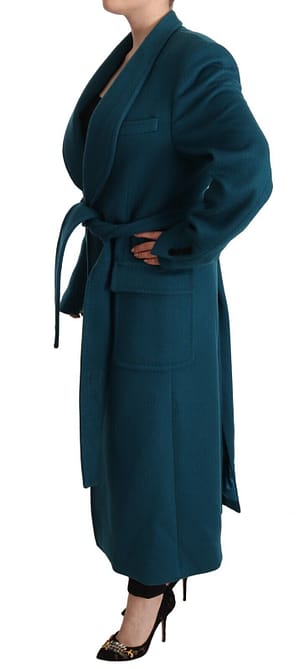Blue Green Wool Long Sleeves Trench Coat Jacket