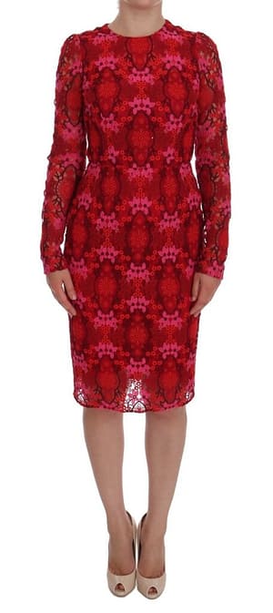 Dolce & Gabbana Red Floral Ricamo Sheath Long Sleeve Dress