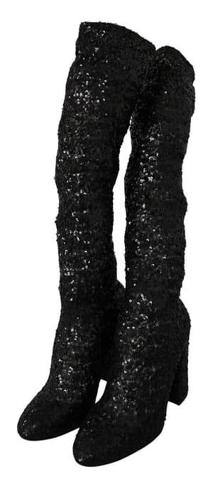 Black Sequined Stretch Knee High Boots Shoes