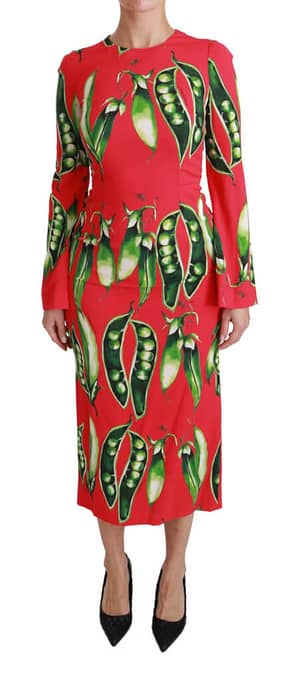 Dolce & Gabbana Red Snap Pea Print Longsleeve Midi Dress