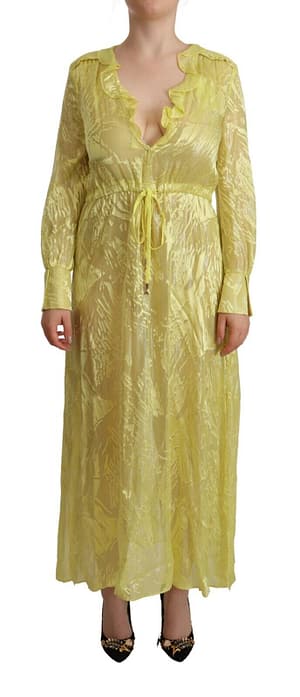 Patrizia Pepe Yellow Silk Long Sleeves Plunging Maxi Dress