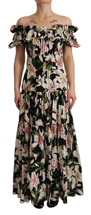 Dolce & Gabbana Black Cotton Lily Print Long Gown Dress