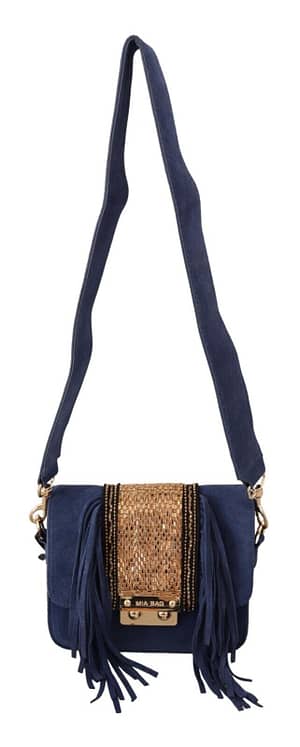 Blue Suede Gold Applique Logo Shoulder Handbag Bag