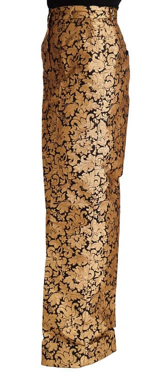 Gold Floral Jacquard Straight Polyester Pants