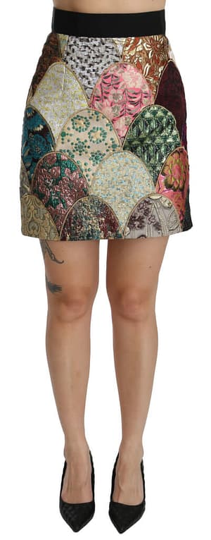 Dolce & Gabbana Green Pink Jacquard High Waist Mini Skirt