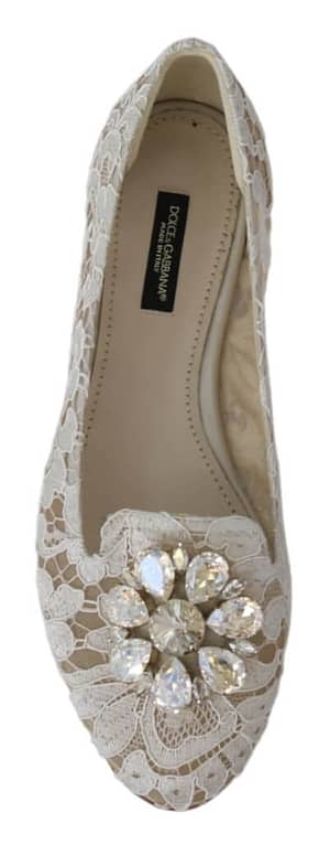 White Taormina Lace Crystal Flats Shoes
