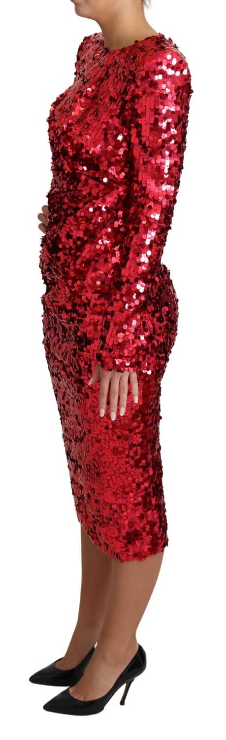 Red sequin sheath long sleeves midi dress