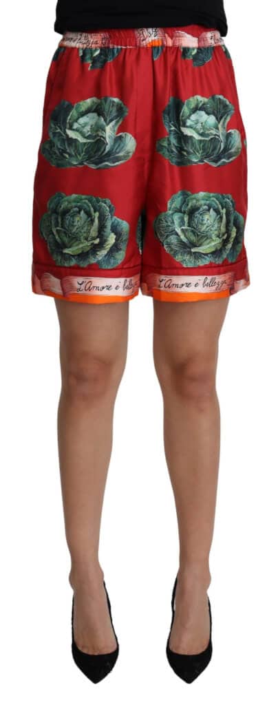 Dolce & gabbana red cabbage print silk high waist shorts